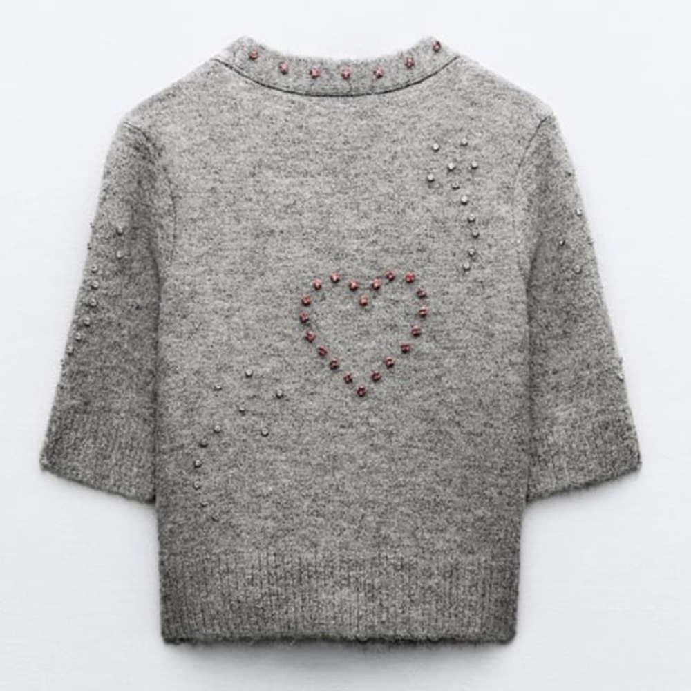 Zara Grey HEART BEADED KNIT CARDIGAN Size Large - Picture 7 of 9